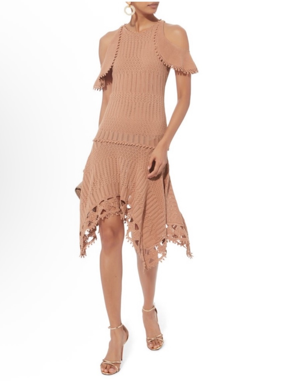 Jonathan Simkhai For Intermix Tan Blush Crochet Handkerchief Hem Cold Shoulder L